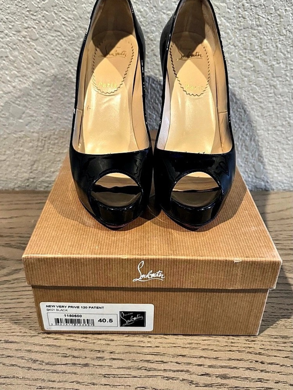 Christian Louboutin New Very Prive 120 Patent Calf Black Peep Toe Heels US 8.5
